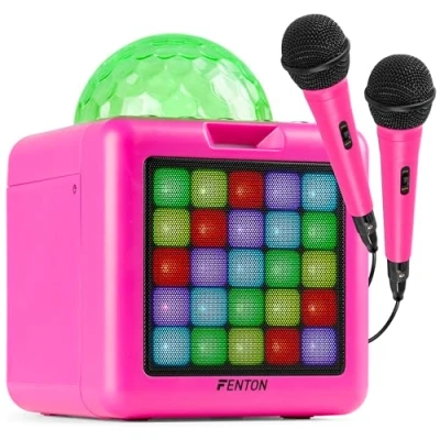 Abbildung von Fenton KAR15P Mobile Karaoke Maschine Kinder mit 2 Mikrofonen, Bluetooth, Akku, LED Lichteffekte, Echo Modi &amp; AUX Eingang Tragbare Box USB C Kabel, ideal für Partys Duette Pink