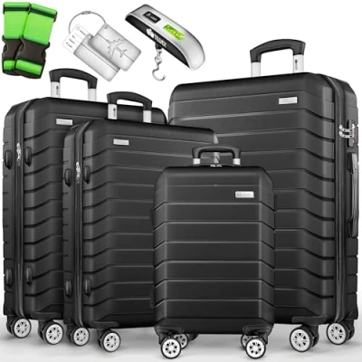Abbildung von tillvex® Reisekoffer Set 4 TLG. + Gepäckwaage, 8X Koffergurte &amp; 4X Kofferanhänger Kofferset Rollen Trolley Gepäck Koffer TSA Schloss Rollkoffer Hartschalenkofferset S M L XL (Schwarz)
