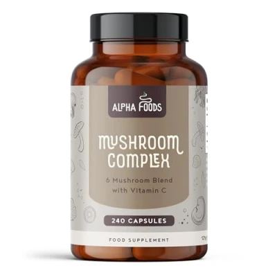 Abbildung von Pilz Komplex mit 6 Pilzsorten 240 Kapseln Pilze Lions Mane Mushroom, Cordyceps, Reishi, Chaga, Shitake &amp; Maitake Vitamin C, Zink schwarzem Pfeffer Laborgeprüft Vegan Alpha Foods