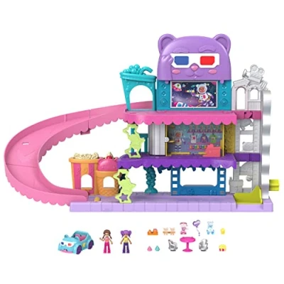 Abbildung von Polly Pocket Pollyville Drive In Kino 2 Puppen, 1 Spielzeugauto, 11 Zubehörteile, 3 Stockwerke, Aufzug, Leinwand, Bodenwelle, Toiletten, Snack Stand, für Kinder ab 4 Jahren, HPV39