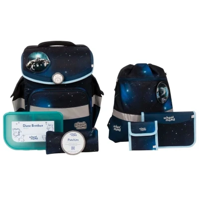 Abbildung von SCHOOL MOOD® Schulranzen Timeless Air+ Moritz Weltall (Set, 7 tlg., Turnbeutel, Etui (21 Markenfüllung von Eberhard Faber), Schlamperrolle, Brustbeutel, Brotdose, Patchy Set (3 tlg), Blau, leichter Ranzen für Grundschule