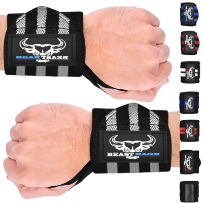 Abbildung von BEAST RAGE Handgelenk Bandagen (Gym Wrist Wraps) Kraftsport Handgelenkstütze Gelenkbandage Schlaufen Krafttraining Workouts Übungen (schwarz/grau)