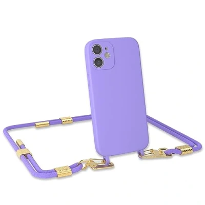 Abbildung von EAZY CASE Handykette Silikon mit Clips 2 in 1 kompatibel iPhone 12 Mini Handyhülle Umhängeband, Handykordel Silikon, Hülle Band, Kette für Smartphone, Lila Gold