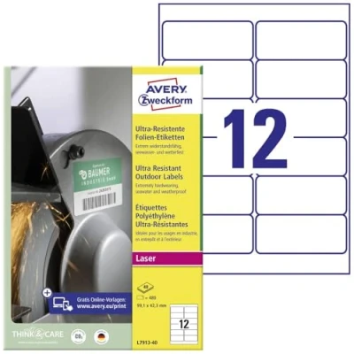 Abbildung von AVERY Zweckform L7913 40 Strapazierfähige Folienetiketten (480 Aufkleber, 99,1x42,3mm auf A4, extrem stark selbstklebend, für schwierige Oberflächen, bedruckbare Outdoor Klebefolie) Blatt, weiß