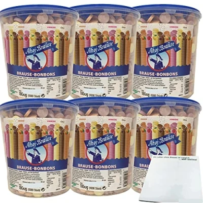Abbildung von Ahoj Brause Bonbons Brauseplättchen mit Zitronen Orangen Himbeer Cola Geschmack 6er Pack (6x1800g) + usy Block