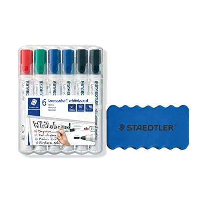 Abbildung von Staedtler Lumocolor 351 WP6 X Whiteboard Marker (Rundspitze ca. 2 mm Linienbreite, Set mit 6 Markern, Hohe Qualität, trocken und rückstandsfrei abwischbar von Whiteboards) (Stifte + Original Löscher)