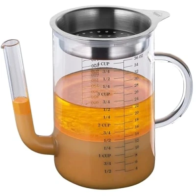 Abbildung von Küchenprofi Fett Trennkanne 1 Liter, Aus Glas &amp; Rostfreiem Edelstahl, Soßenkanne für Bratensaft, Fetttrenner, Fetttrennkanne Glas, Fettabscheider Soßen, Integriertes Sieb und Messskala