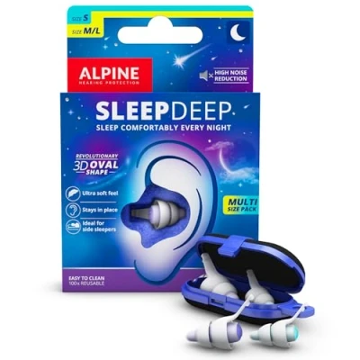 Abbildung von Alpine SleepDeep Ohrstöpsel zum Schlafen und für Konzentration 27dB Neue 3D Ovalform Ohrenstöpsel weicher, geräuschdämpfender Kern maximalen Komfort Dämpfung Größe S+M/L