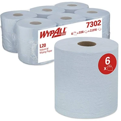 Abbildung von WypAll 7302 Industriewischtücher L20, mit Zentralentnahme, 2 lagig, blau (6 Rollen x 380 Wischtücher)