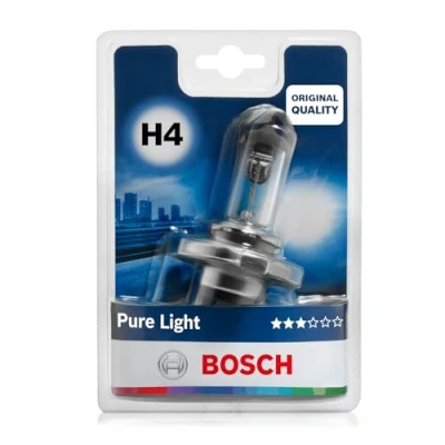 Abbildung von Bosch H4 Pure Light Halogen Glühlampe für Auto Scheinwerfer, 12 V 60/55 W, in Originalqualität Lampensockel Typ P43t 1 Ersatz Scheinwerferlampe