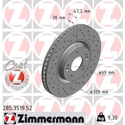 Abbildung von ZIMMERMANN SPORT COAT Z 285.3519.52 Bremsscheibe 320 28 7/5 5 114 innenbelüftet, gelocht beschichtet HYUNDAI: i40 Kombi, Limousine