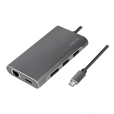 Abbildung von LogiLink UA0382 USB 3.2 (Gen 1) Dockingstation mit 8 Ports und PD (Power Delivery) 100W, 1x C (PD) / 2X 3.0 2.0 HDMI DisplayPort RJ45 Silber