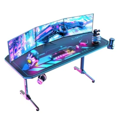 Abbildung von Himimi 160x75 cm Gaming Schreibtisch, Ergonomischer Großer Tisch, T Form PC Gamer Computertisch mit Pad, Becherhalter, Kopfhörerhaken, Kabelmanagement &amp; Griffgestell, 160x75x75cm