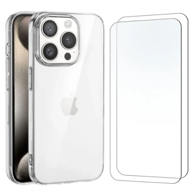 Abbildung von NEW&#039;C Hülle für iPhone 15 Pro Max (6,7&quot;) Ultra Transparent Silikon Weiches TPU Gel und 2 x Panzer Schutz Glas