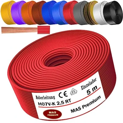 Abbildung von MAS Premium Aderleitung H07 V K 1x2,5 mm² HBL GRGE RT DBL BR OR GR WS VIO oder GE Einzelader flexibel Von 5 bis 100m (Rot, 5m)
