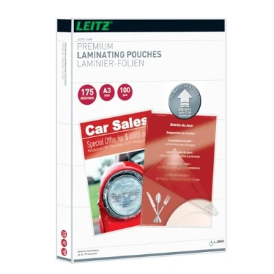 Abbildung von Leitz Heißlaminierfolien A3 175 mic, Laminierfolien in extrastarker Premium Qualität, 100er Pack, Glänzend, Transparent, Vereinfachtes Einlegen durch UDT, iLAM, 74900000