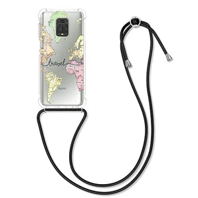Abbildung von kwmobile Necklace Case kompatibel mit Xiaomi Redmi Note 9S / 9 Pro Max Hülle Silikon Cover Handykette Schwarz Mehrfarbig Transparent Travel Schriftzug