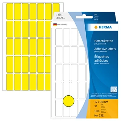 Abbildung von HERMA 2351 Vielzweck Etiketten, 1120 Stück, 12 x 30 mm, 35 pro Bogen, selbstklebend, Haushaltsetiketten zum Beschriften, matt, blanko Papier Klebeetiketten Aufkleber, gelb