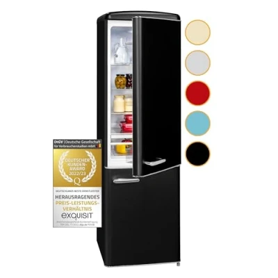 Abbildung von Exquisit Retrokühlschrank RKGC250 70 H 160E mattschwarz 244 L Volumen Kühlschrank Retro freistehend Türablagen &amp; Glasablagen LED Licht