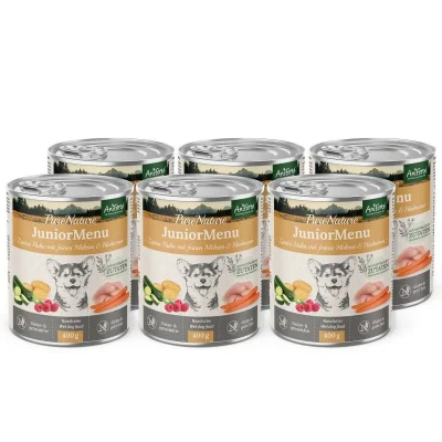 Abbildung von AniForte Hundefutter Nass Junior Huhn 6 x 400g Natürliches Nassfutter für Welpen &amp; Junghunde, hoher Fleischanteil, Premium Welpennassfutter getreidefrei