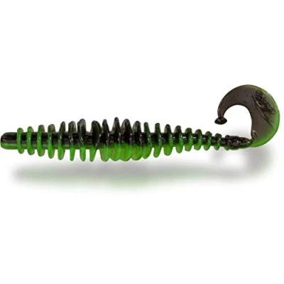 Abbildung von Magic Trout Premium T Worm Angel Zubehör Forellen Angeln Gummifisch mit Twister Schwanz, neon grün/schwarz, 5,5 cm
