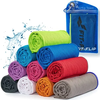 Abbildung von Fit Flip Airflip Kühltuch Ice Cooling Towel das kühlende mikrofaser Sporthandtuch für Nacken und Hals Kühlhandtuch Fitness Sport (dunkel blau neon grüner Rand, 100x30cm)