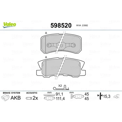 Abbildung von VALEO 598520 Bremsbelagsatz Hinterachse inkl. Verschleißwarnkontakt ohne Anti Quietsch Blech MITSUBISHI: ASX SUV, Outlander 2 Lancer 8 Schrägheck