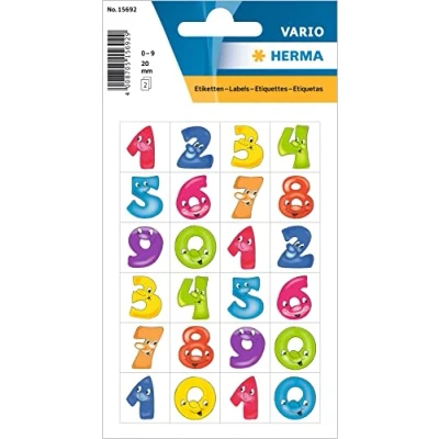 Abbildung von HERMA 15692 Zahlen Aufkleber bunt 0 9, 48 Stück, 20 x mm, selbstklebend, groß, Nummer Ziffer Klebezahlen Sticker Hausnummern mit Gesichter aus Folie zum Aufkleben, mehrfarbig