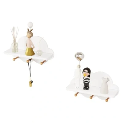 Abbildung von WOLTU 2er Set Wolkenregal, Kinder Garderobenhaken, Wandregal mit Haken, Hängeregal, Schweberegal weiß, schwebendes Regal für Kinderzimmer, Wanddeko, 36x12x20,5 cm
