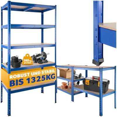 Abbildung von tectake® Lagerregal, Schwerlastregal, Metallregal zu Werkbank Arbeitstisch umbaubar, Möbel für Werkstatteinrichtung, als Regal Keller, Abstellraum Ordnungssystem Belastbarkeit 1325 kg