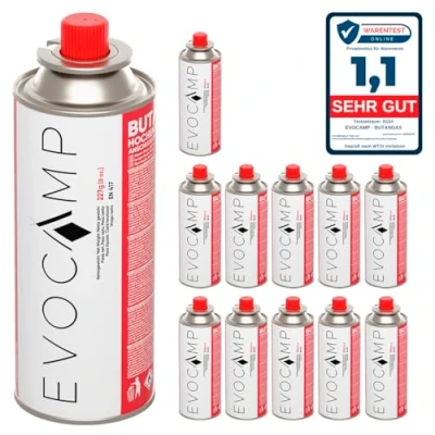 Abbildung von EVOCAMP 12x Stück Butan Gaskartuschen 227g Typ MSF 1a Bajonett Ventil ideal für Campingkocher, Gasheizung, Unkrautbrenner, Camping Gas Butangas Kartusche, Universaldruckgasdose und BBQ