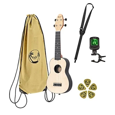 Abbildung von Ortega Guitars Sopran Ukulele natur Linkshänder Keiki K2 Starterkit inklusive Tuner, Gurt, 5 Medium Plektren &amp; Kordelzugtasche Ahornholz (K2 MAP L)