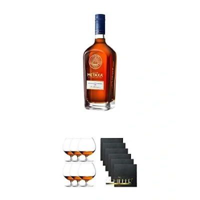 Abbildung von Metaxa 12* Sterne 12 Jahre alt 0,7 Liter + Cognacglas/Schwenker Stölzle 6 Gläser 103/18 Schiefer Glasuntersetzer eckig x ca. 9,5 cm Durchmesser