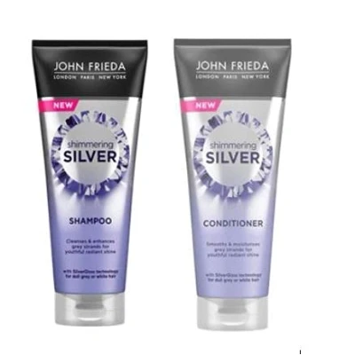 Abbildung von Shimmering Silver Shampoo (250 ml) und Conditioner von John Frieda für stumpfes graues Haar