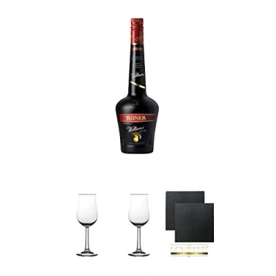 Abbildung von Roner Williams Reserve Christ Birnenbrand Südtirol Italien 0,7 Liter + 2 Bugatti Nosing Gläser mit Eichstrich 2cl und 4cl Schiefer Glasuntersetzer eckig ca. 9,5 cm Ø