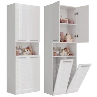 Abbildung von BDW Badezimmerschrank, 2 Wäschekorb, Türen 174 x 60 30cm Unterschrank, Waschbeckenunterschrank, Hochschrank, Badmöbel, Bad Badregal (Weißer Glanz)