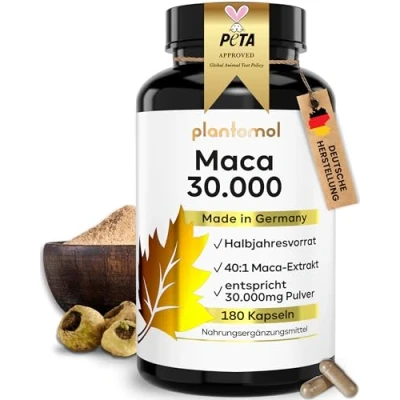 Abbildung von 30.000mg pro Kapsel 180 Maca Kapseln hochdosiert 750mg Extrakt 40:1 = Pulver 1 Kapsel/Tag Halbjahresvorrat