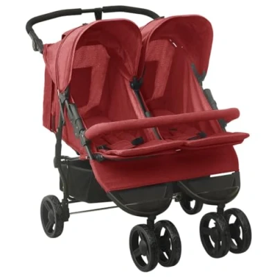 Abbildung von vidaXL Geschwisterwagen mit Frontstoßstange Korb Zusammenklappbar Verstellbar Kinderwagen Zwillingswagen Zwillingsbuggy Buggy Rot Stahl
