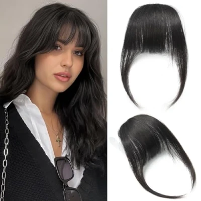 Abbildung von Echtes Echthaar Pony Flat Bangs Clip in Haarverlängerungen Fransenhaar mit Schläfen, Natürliche Schwarze Farbe