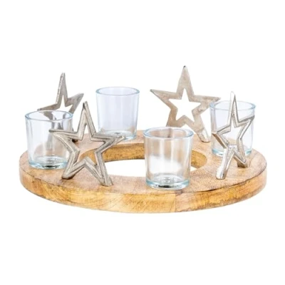 Abbildung von levandeo Adventskranz ø30cm Mango Holz Silber Natur Kerzenhalter Sterne Weihnachten Teelichthalter Weihnachtsdeko Kerzenständer Tischdeko Deko