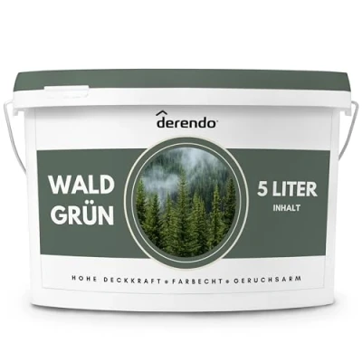 Abbildung von derendo Exklusive Wandfarbe grün 5L, hohe Deckkraft, Dispersionsfarbe innen, Innenwandfarbe Raumfarbe Waldgrün matt, Deckkraftklasse 2, hochdeckende Innenfarbe Profi Qualität