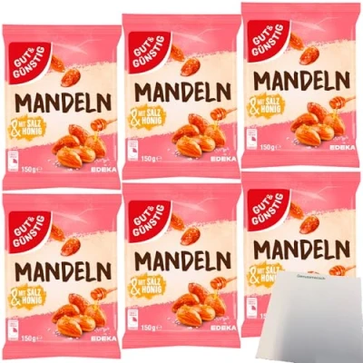 Abbildung von Gut&amp;Günstig Mandeln mit Salz und Honig lecker karamellisiert 6er Pack (6x150g Packung) + usy Block