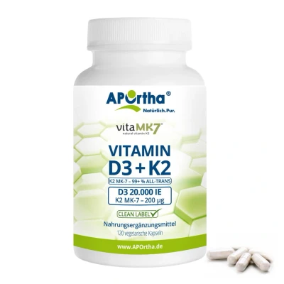 Abbildung von APOrtha® Vitamin D3 20.000 IE + K2 vitaMK7® 200 µg vegetarische Kapseln 120 St