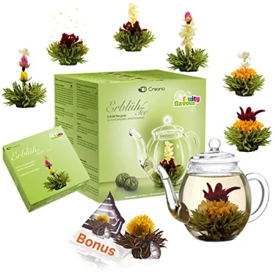 Abbildung von Creano Teeblumen Geschenkset Erblühtee mit 500ml Glaskanne &amp; 6x Grüner Tee + 1x Teelini Schwarztee Bonuskugel 8 teilig