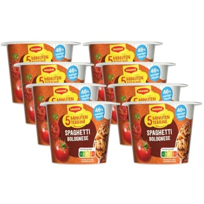 Abbildung von MAGGI 5 Minuten Terrine Spaghetti Bolognese, leckeres Fertiggericht, Instant Nudeln, mit Hackfleisch, 8er Pack (8 x 60g)