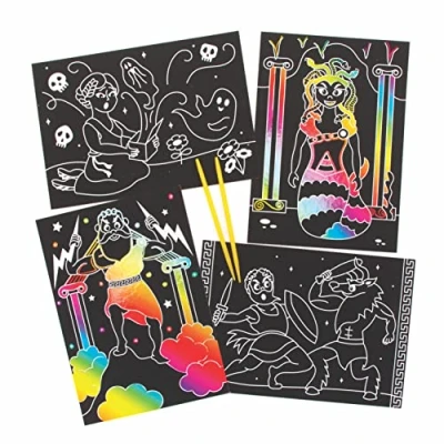 Abbildung von Baker Ross Griechische Mythologie Scratch Art Bilder, 8 Stück, Gravurkunst für Kinder, kreative Aktivitäten Kunstset Köpfe, FE454