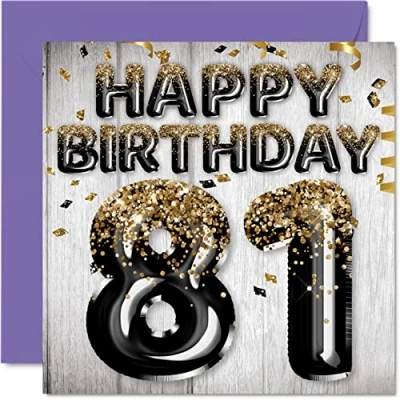 Abbildung von Stuff4 Geburtstagskarte zum 81. Geburtstag für Männer schwarze und goldene Glitzerballons Happy Karten 81 Jahre alten Mann Papa Great Grandad Grandpa Gran, 145 mm x Grußkarten Geschenk