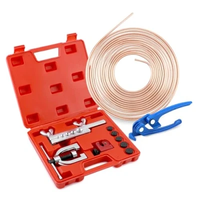 Abbildung von QWORK® Bördelgeräte für bremsleitungen, universal Flaring Tool kit hydraulische bremssysteme, 7.62m kupferlegierung bremsleitung, mehrgrößenadapter +Blauer rohrbieger