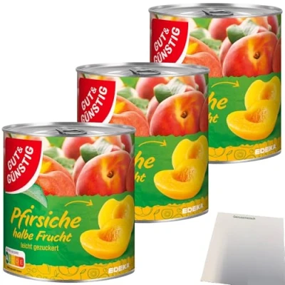 Abbildung von Gut&amp;Günstig Pfirsiche halbe Frucht erntefrisch verarbeitet 3er Pack (3x820g Dose) + usy Block