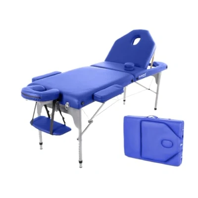 Abbildung von QUIRUMED klappbare Massageliege aus Aluminium, 186 x 66 cm, gepolstert 14 Kunstleder, Blaue Farbe, höhenverstellbar, Rückenlehne, leicht, bis 150 kg